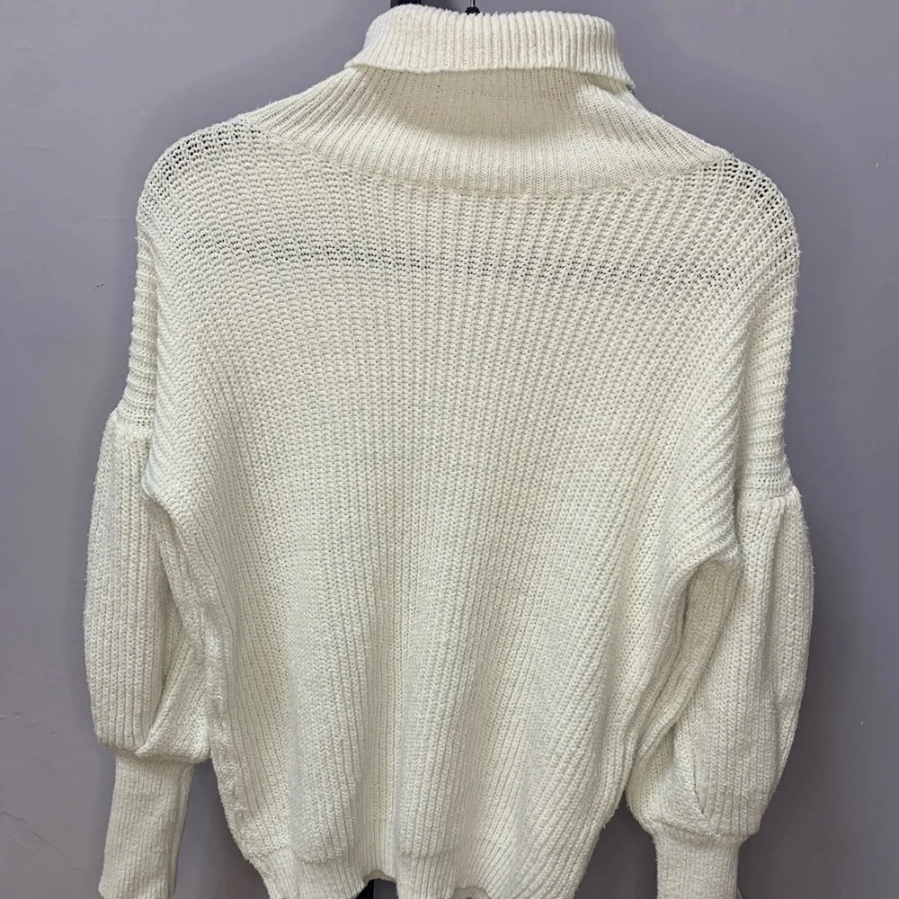 Hazel & Olive Women’s Turtle Neck Balloon Sleeves White Stretchy Sweater - Picture 2 of 6